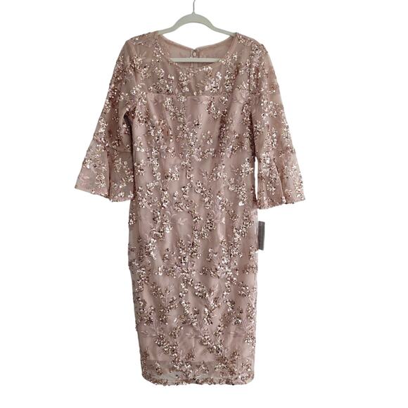 Alex Evenings Rose Gold Pink Floral Embroidered Sequin Sheath Midi Dress Sz 12 - Picture 4 of 12